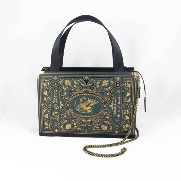 Tasche aus einem Prachtband von Lessings Werken in dunkelgrün mit gold/schwarzen Ornamenten und Prägungen kombiniert mit schwarzem Stoff