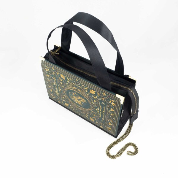 Tasche aus einem Prachtband von Lessings Werken in dunkelgrün mit gold/schwarzen Ornamenten und Prägungen kombiniert mit schwarzem Stoff