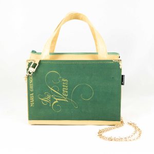 Tasche aus einem grünem Buch mit dem Titel "Die Venus" mit Goldaufschrift kombiniert mit goldfarbenem Stoff
