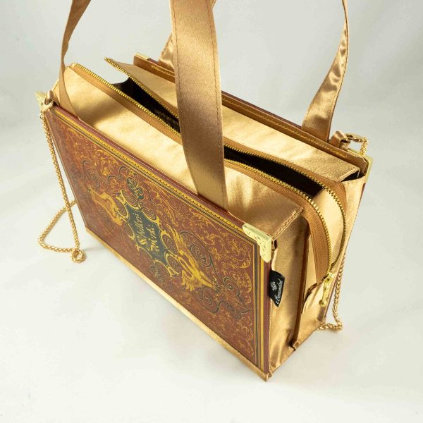 Tasche aus einem alten Buch Schiller's Werke in braun mit reichlichen Goldverzierungen und Prägungen, kombiniert mit goldfarbenem Stoff
