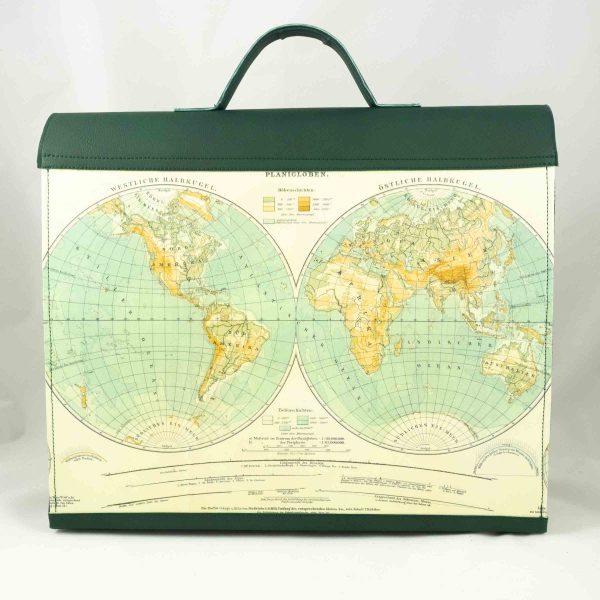 Aktentasche aus zwei Landkarten, Vorderseite: Europa, Rückseite: Panigloben, kombiniert mit dunkelgrünem Leder und bronzenen Schnallen