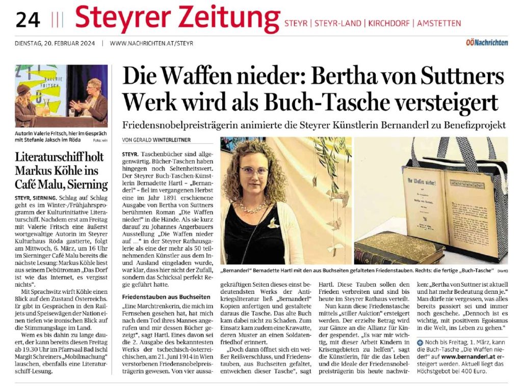 OÖN Artikel über die Auktion einer Tasche aus dem Buch "Die Waffen nieder!" von Bertha von Suttner