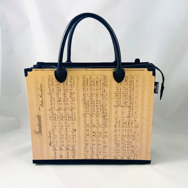 Tasche aus einer Anton Bruckner Partitur "Locus iste" mit kurzen Henkeln und langem Riemen in schwarz