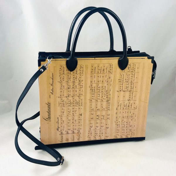Tasche aus einer Anton Bruckner Partitur "Locus iste" mit kurzen Henkeln und langem Riemen in schwarz