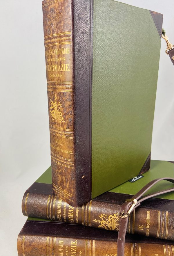 Tasche aus einem Pharmazie Enzyklopädie Buch in Grün mit braunem Lederreücken und Goldrpägungen kombiniert mit Grünem SToff und weinrot/braunem Reißverschluss