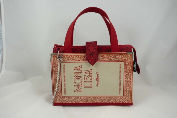 Tasche aus einem Buch "Mona Lisa" mit schönen roten Verzierungen rundum, kombiniert mit einer rot gemusterten Krawatte