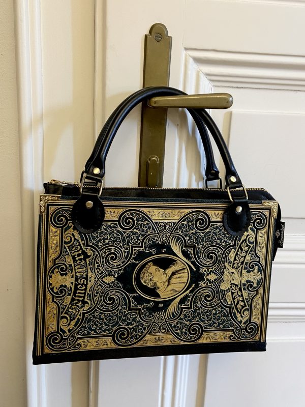 Tasche aus einem Prachteinband eines alten Heine's Werke Buch in dunkelgrün mit sehr vielen goldenen Verzierungen und Prägungen, kombiniert mit schwarzem Satinstoff